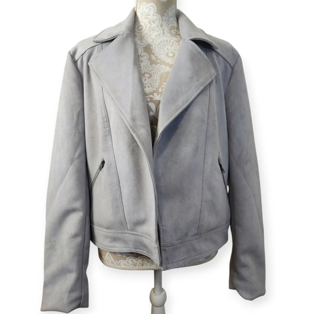 Philosophy By Republic Open Front Soft Heather Grey Faux Suede Moto Jacket XL